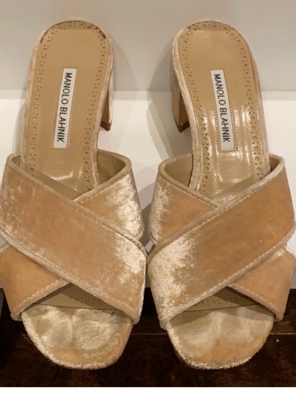 Manolo Blahnik Beige Velvet Crisscross Mules - Picture 2 of 5